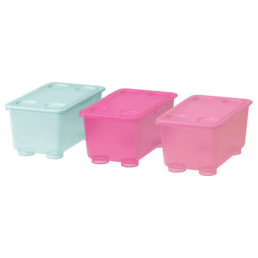IKEA GLIS stackable storage boxes with lids pink and turquoise set of 3 on white background #00466150