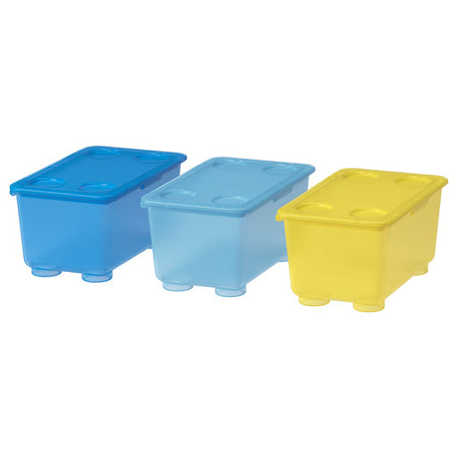 IKEA GLIS yellow and blue stackable storage boxes with lids set of 3 arranged in a row #20466154