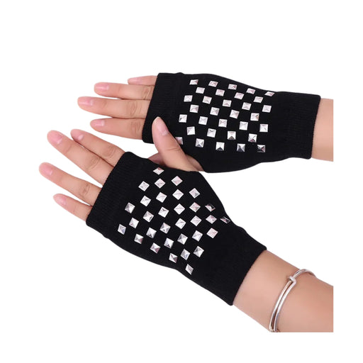 Black fingerless gloves with silver studs worn on a white background