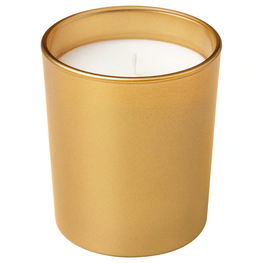 IKEA GOKVÄLLÅ scented candle in gold tinted glass sandalwood patchouli 50hr burn front view #00620298
