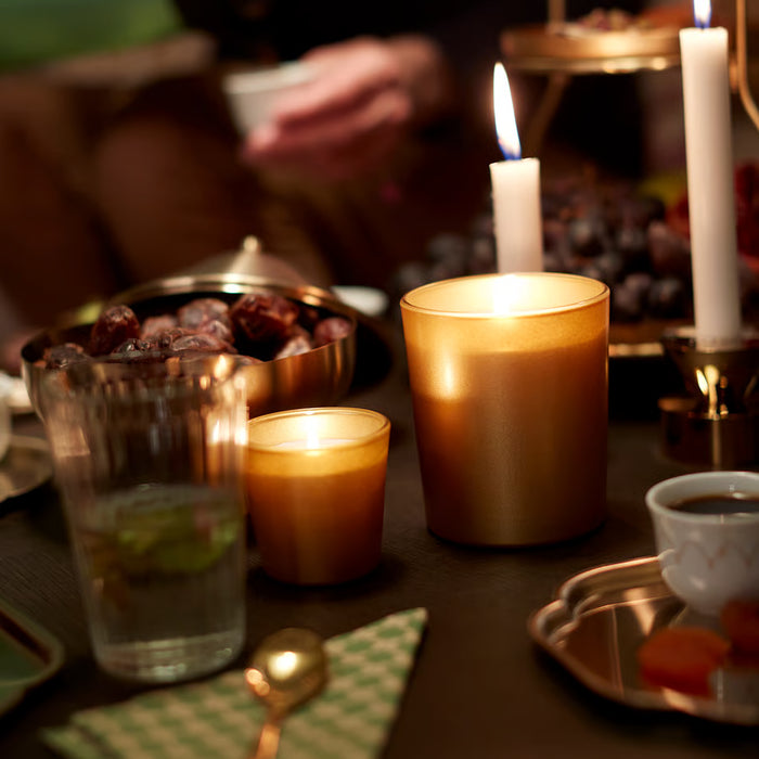  IKEA GOKVÄLLÅ sandalwood patchouli scented candle in glass styled in home interior setting