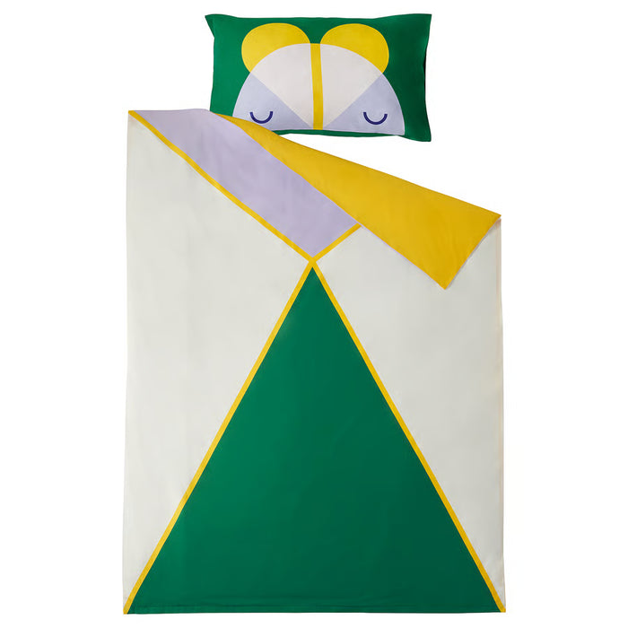IKEA GREJSIMOJS green and yellow geometric duvet cover with abstract face pillowcase on kids bed