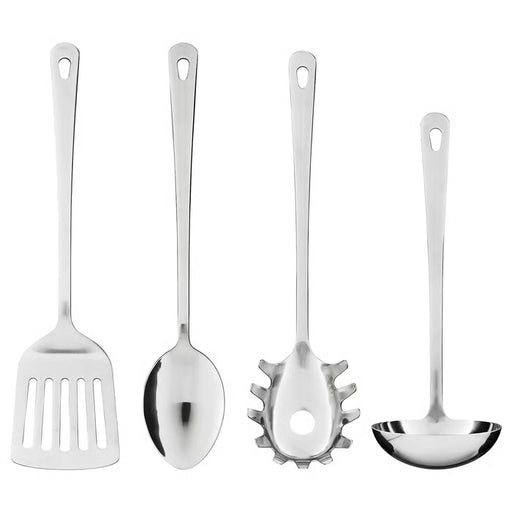 IKEA GRUNKA 4-piece stainless steel kitchen utensil set — spatula, spoon, ladle, spaghetti server laid flat #501.744.65