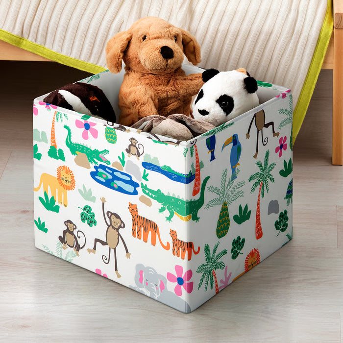 IKEA GULLKRÖS box with lid filled with colourful stuffed animals for kids room storage