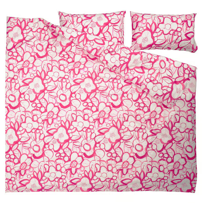 IKEA HÄRLIR pink floral bedding set, duvet cover and pillowcases folded together