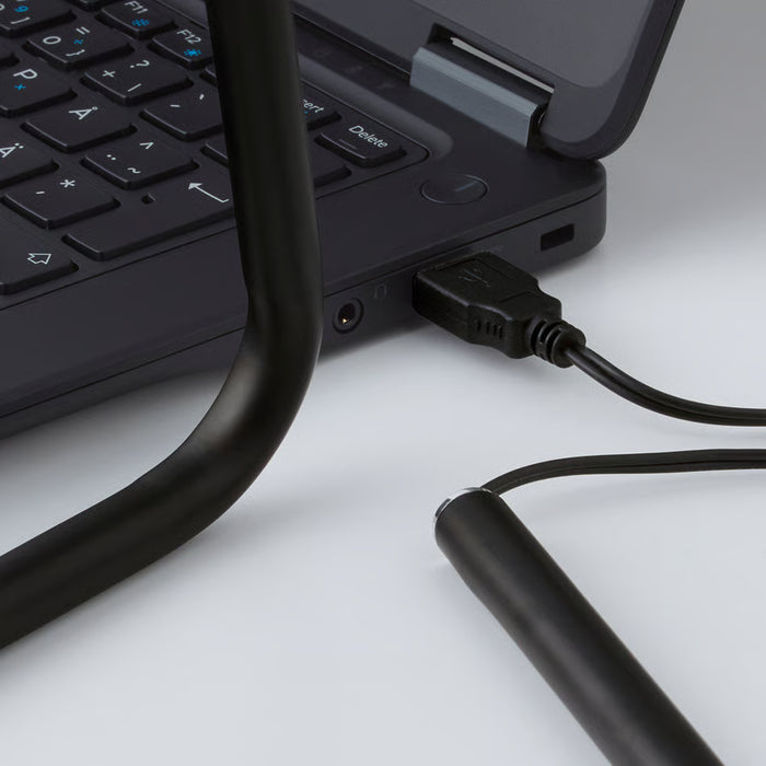 IKEA HÅRTE LED work lamp black silver with USB cable connected to laptop