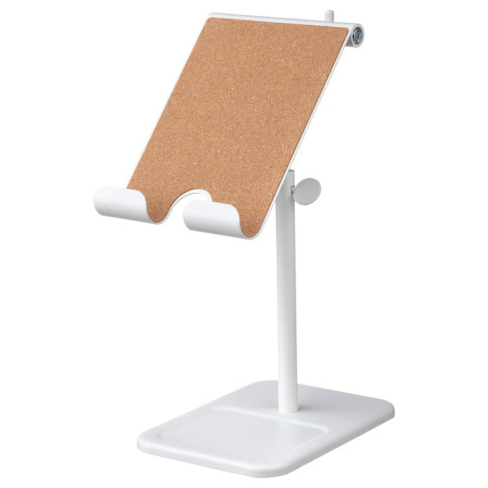 IKEA HAVREHOJ white tablet holder with adjustable height and cork surface, EVA foam base, front view #00534578
