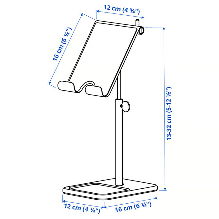 Technical measurement illustration for IKEA HAVREHOJ tablet holder showing depth 16 cm, height 32 cm, width 12 cm
