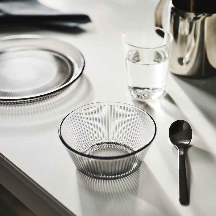 IKEA HAVSGÄDDA pink glass bowl serving blueberries and whipped cream beside a cup of coffee