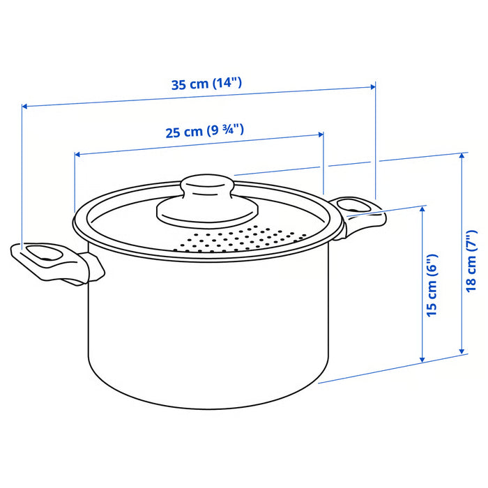 Illustration showing measurements and dimensions of IKEA HEMLAGAD pot with lid