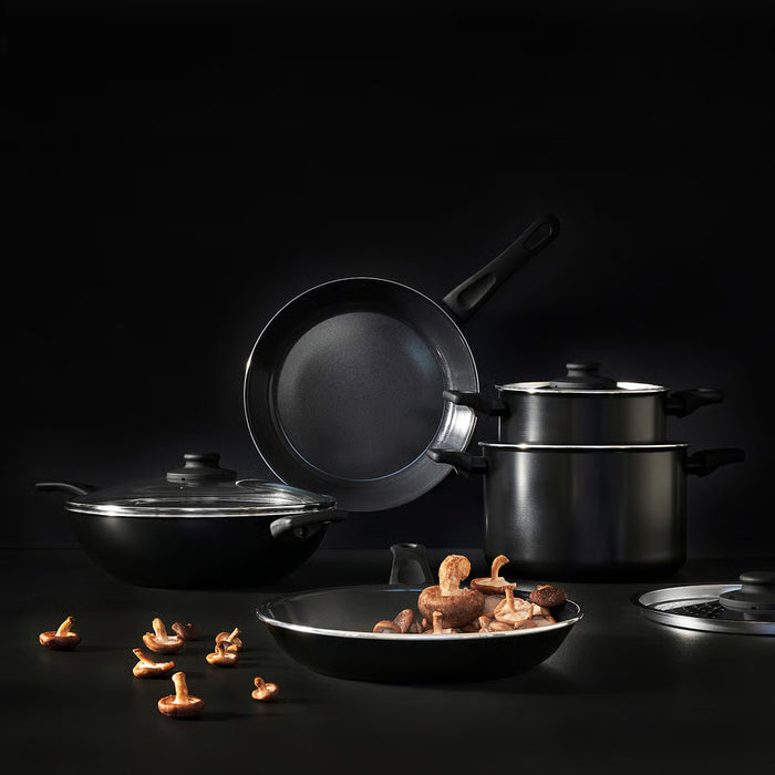  IKEA HEMLAGAD black cookware set with frying pan, wok, saucepan and lid
