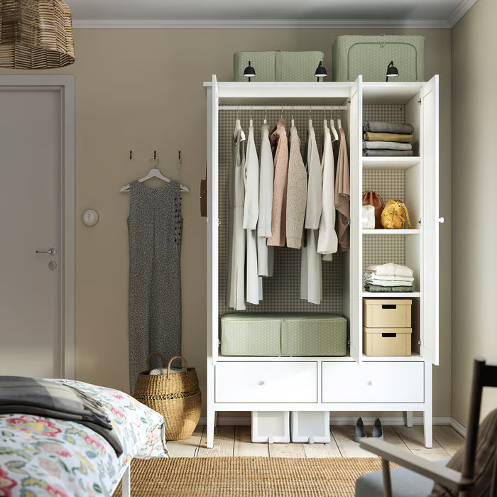 IKEA HEMMAFIXARE pale grey-green fabric storage case top zip open showing interior wardrobe use