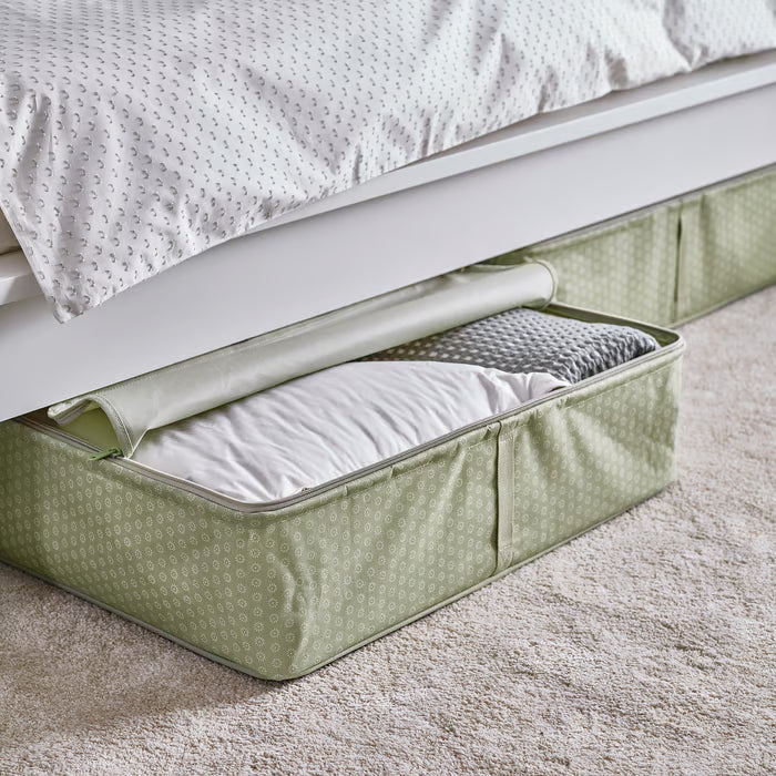 IKEA HEMMAFIXARE pale grey-green storage cases stacked inside PAX wardrobe system