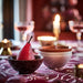 IKEA HÖSTAGILLE stacked bowls beside a small patterned bowl holding a dark red pear on a floral tablecloth