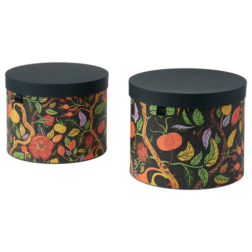 IKEA HÖSTAGILLE floral multicolour storage boxes with lids set of 2 on a desk rosehip pattern #00575781