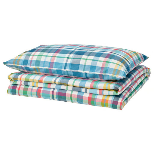 IKEA HÖSTGENTIANA multicolour check duvet cover and pillowcase set folded #60620549
