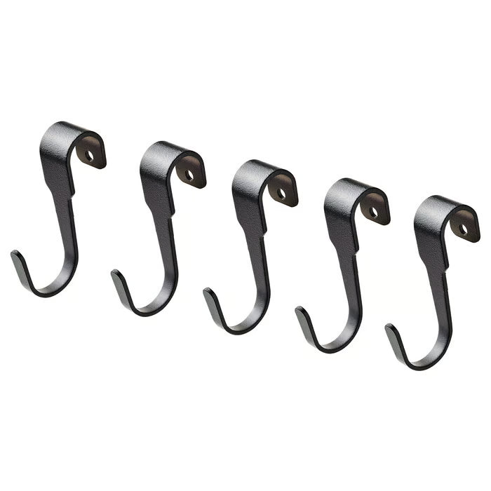 IKEA HULTARP hook black pack of 5 S-hooks for kitchen wall storage arranged in a row #90444446