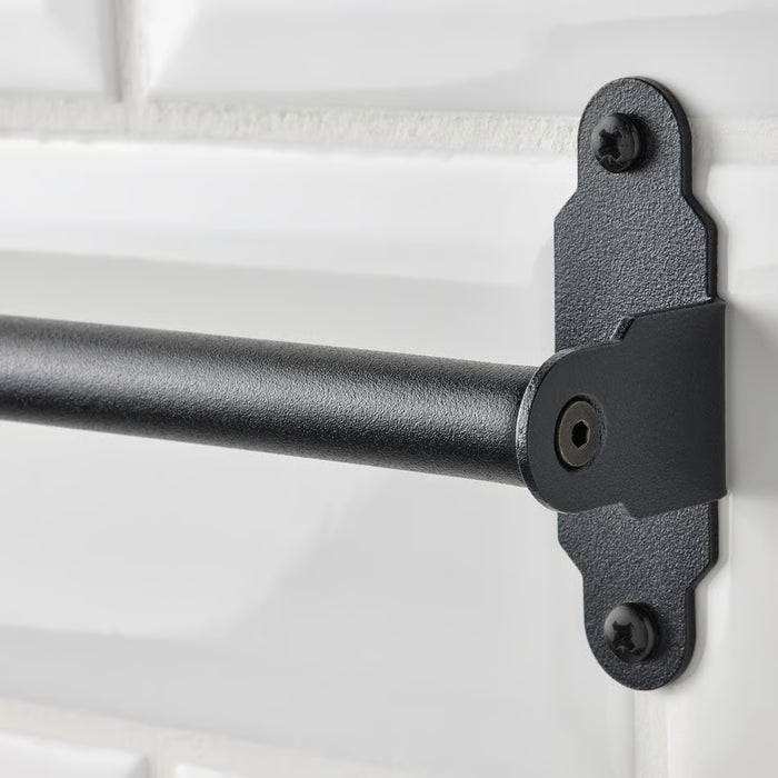 IKEA HULTARP black rail side profile showing 1.6cm diameter cylindrical rod and end bracket hardware