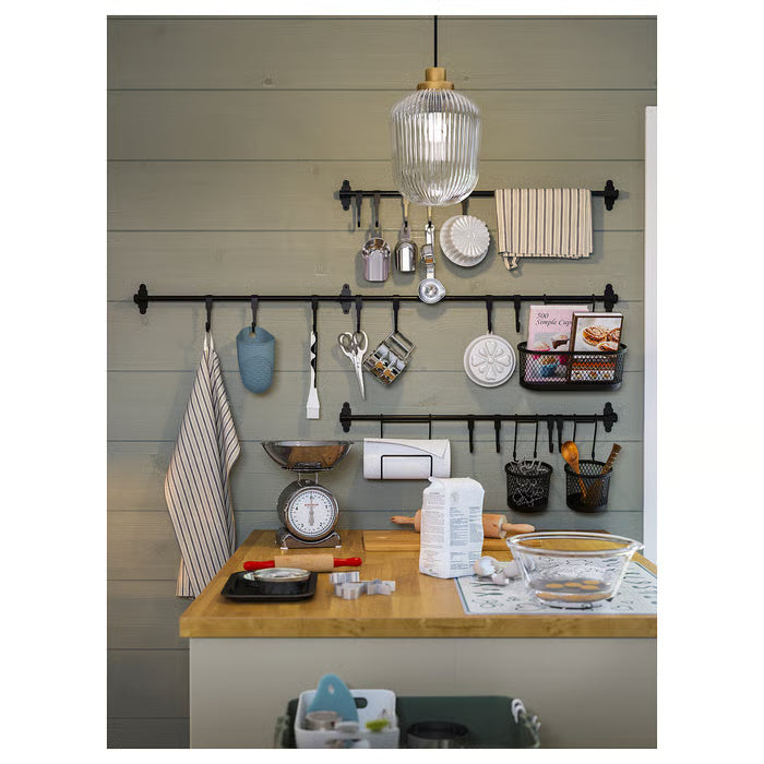 IKEA HULTARP black rail 60cm in bright kitchen setting showing full system with accessories