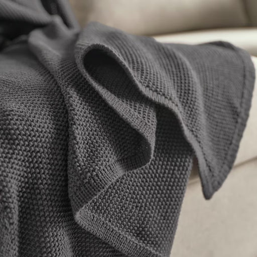  IKEA HUMLEMOTT anthracite throw draped and styled, 130x170 cm knitted blanket in dark grey