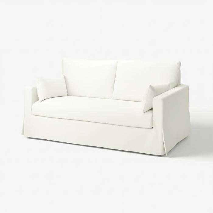 IKEA HYLTARP 2-seat sofa cover in Hallarp white fitted on sofa with plush cushions, removable and machine washable