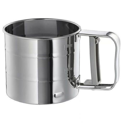 IKEA IDEALISK stainless steel flour sifter with handle, front view, silver finish #50174516