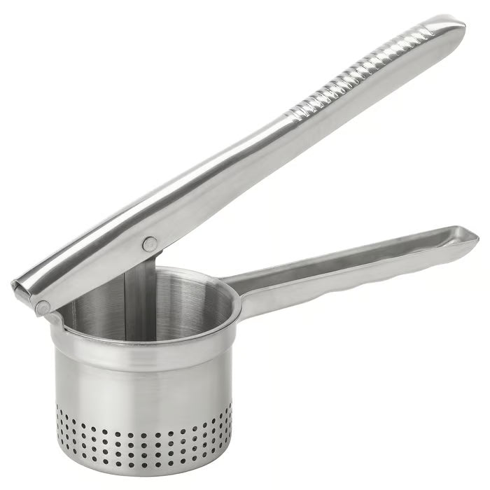 IKEA IDEALISK stainless steel potato press 24.5cm front view on white background #80191915