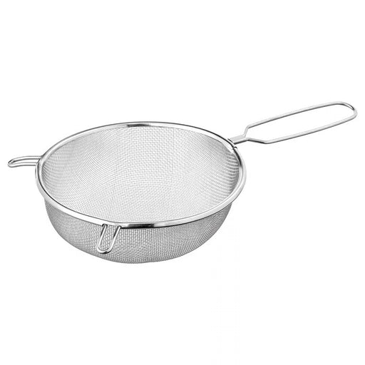  IKEA IDEALISK round stainless steel strainer 20cm with long handle and side loops on white background #90165968