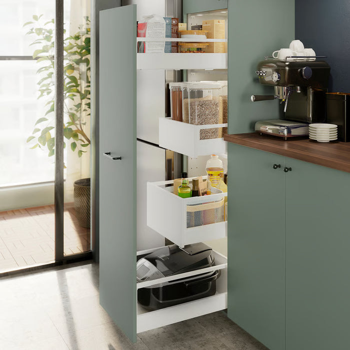 Open kitchen cabinet organised with IKEA 365+ jars and containers storing dry foods and oils