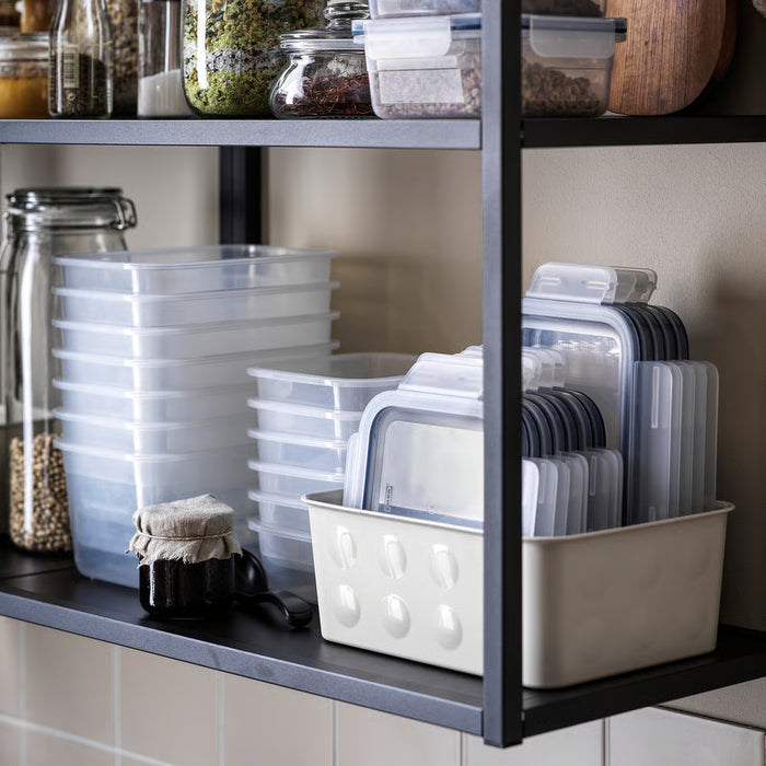  IKEA IKEA 365+ clear square food containers arranged neatly on a kitchen shelf