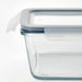 IKEA 365+ glass food container with blue lid placed on kitchen counter lifestyle setting