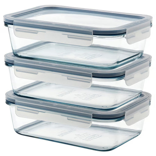 IKEA 365+ rectangular glass food containers with blue lids stacked in set of three clear view #70623830