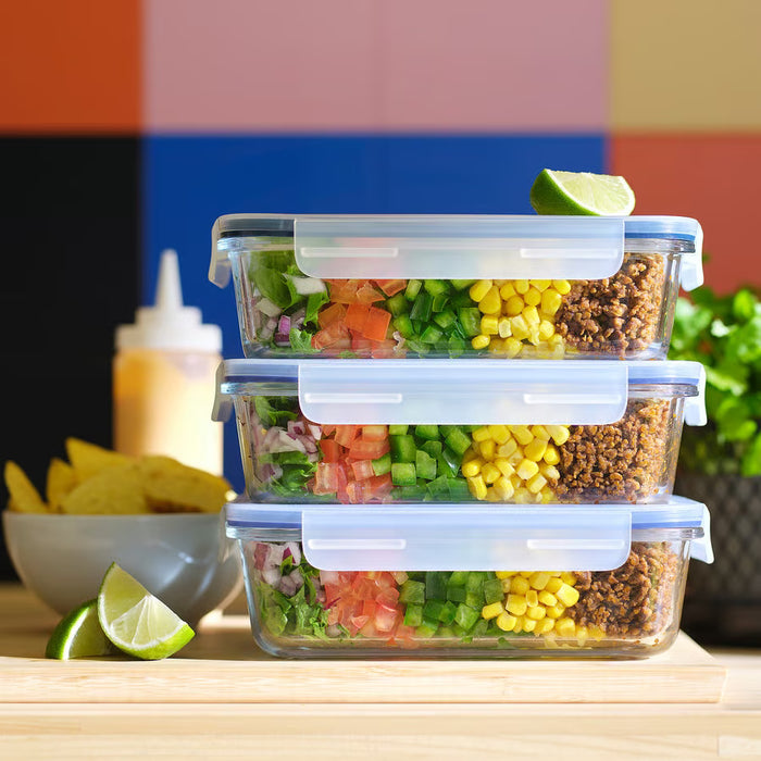  IKEA 365+ 1-litre rectangular glass food container with blue snap-on lid top-down view