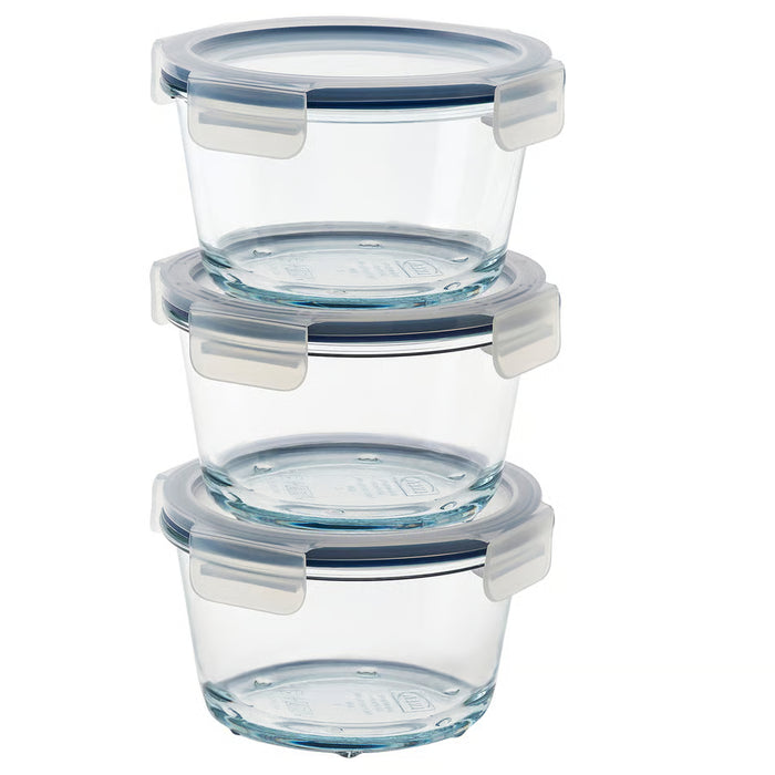  IKEA 365+ round glass food containers with blue snap-on lids stacked set of 3 600ml #30623832