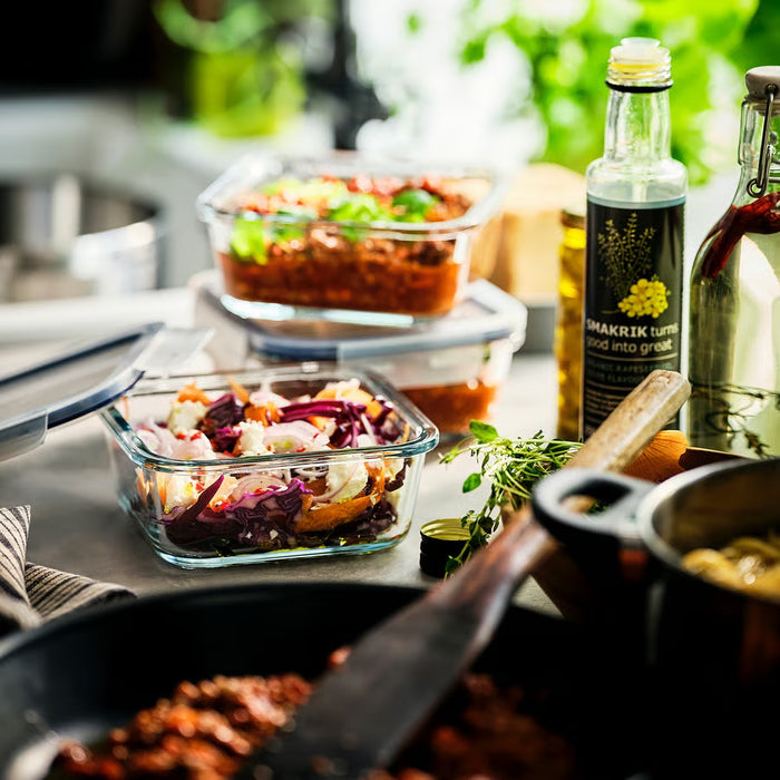 IKEA 365+ glass food container without lid showing interior capacity, 600ml square glass body