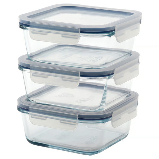 IKEA 365+ square glass food containers with blue snap lids stacked in a set of three 600ml transparent #90623834