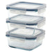IKEA 365+ square glass food containers with blue snap lids stacked in a set of three 600ml transparent #90623834