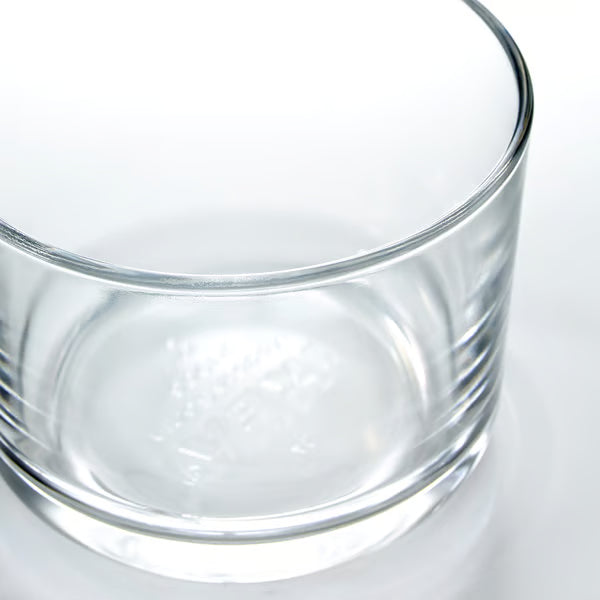 Single IKEA 365+ clear wide-mouthed glass on white surface showing transparent tempered glass design