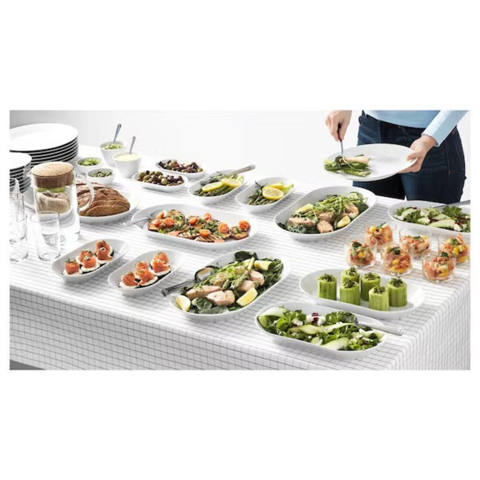 Infographic illustrating the versatile uses of the IKEA 365+ serving plate, including serving appetizers, main courses, and side dishes