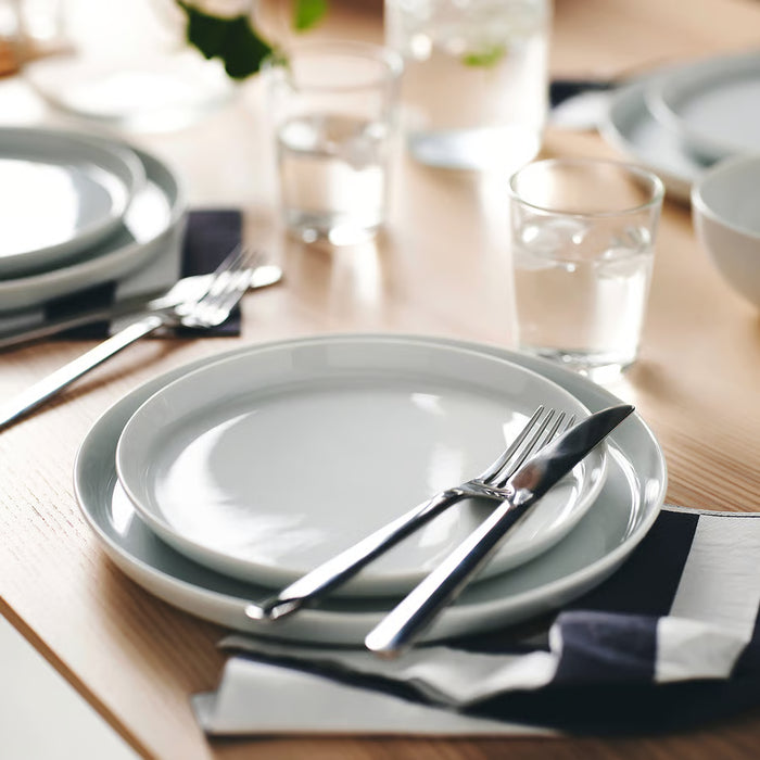 IKEA 365+ white dinner plate 24cm styled on a dining table with food and tableware