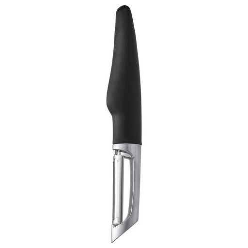 IKEA 365+ VÄRDEFULL black potato peeler with chrome-plated body and stainless steel blade on white background #50175139