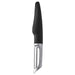 IKEA 365+ VÄRDEFULL black potato peeler with chrome-plated body and stainless steel blade on white background #50175139