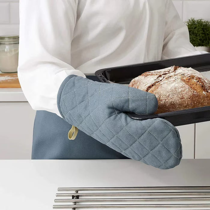 IKEA SANDVIVA blue oven glove flat lay showing full length and textile texture