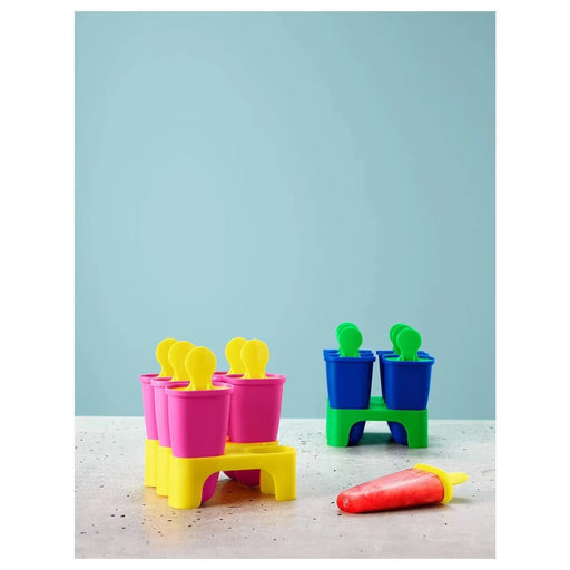 IKEA CHOSIGT ice lolly moulds stacked in pastel pink and blue with upright freezing stand