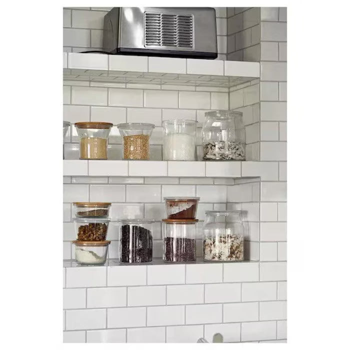 IKEA 365+ glass food container with lid side view showing silicone seal and transparent body