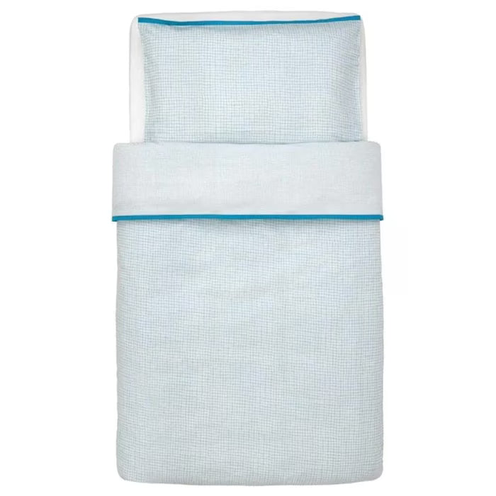 IKEA KLÄMMIG turquoise quilt cover and pillowcase for cot folded flat front view #20372985