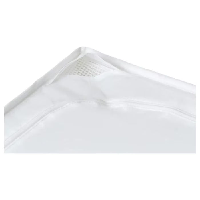 IKEA SKUBB white storage case with handle pulled out from under bed side angle view