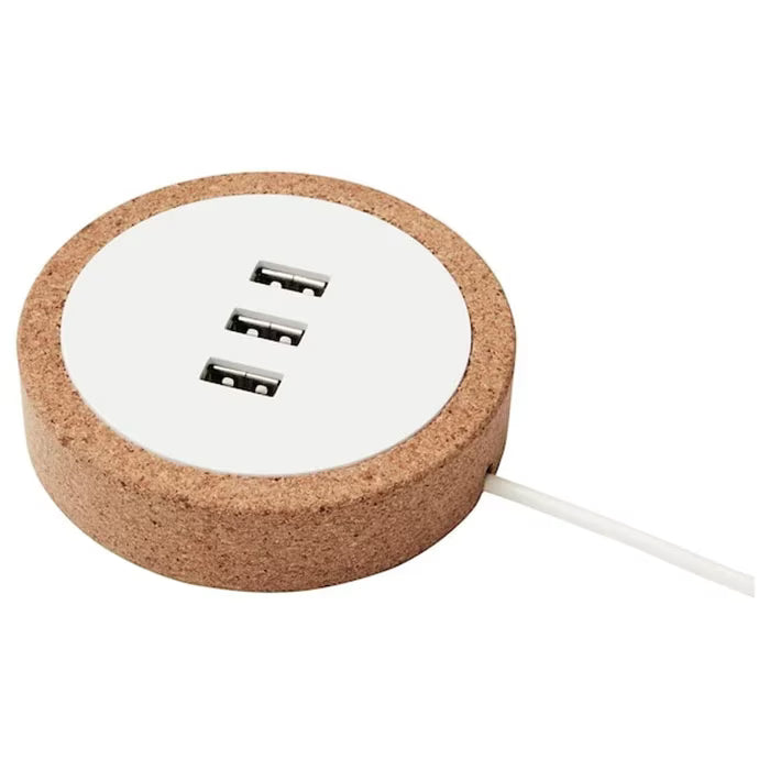 IKEA NORDMÄRKE USB charger white cork top view showing 3 USB ports circular design #20442568
