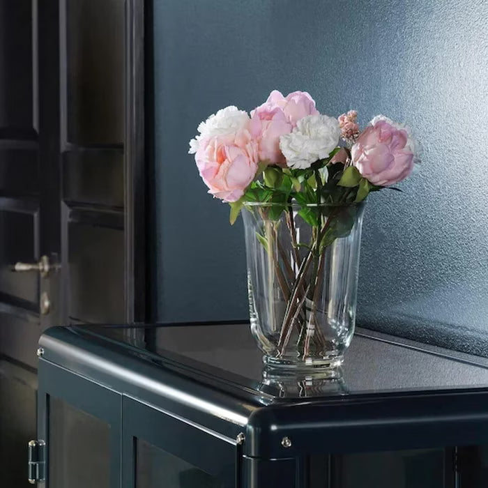 IKEA SMYCKA artificial pink peony in a clear vase styled on a home décor shelf
