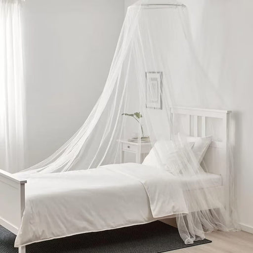 IKEA BRYNE white net full-length view showing 56cm diameter canopy frame and polyester cover